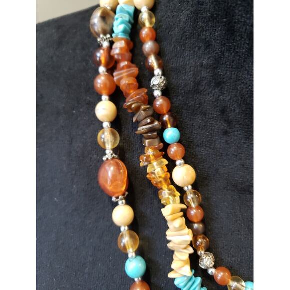 Women Multistrand Beaded Necklace Mixed Gemstones Turquoise Amber Look - Picture 4 of 5